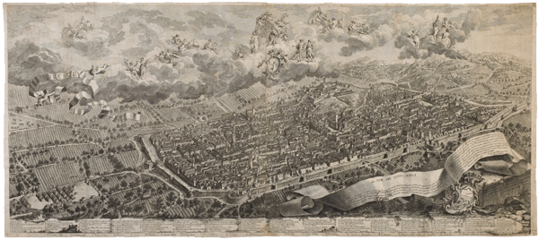 Veduta di Brescia da Porta San Nazaro, acquaforte di Domenico Carboni (1764). Brescia, Musei Civici di Arte e Storia.